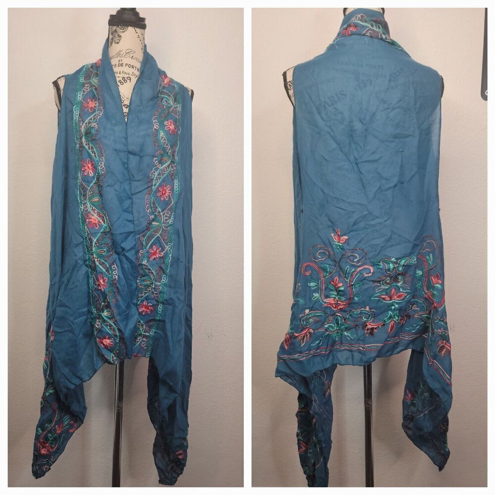 Pretty Angel Kimono Cardigan One Size Linen Blend Floral Embroidered Asymmetric